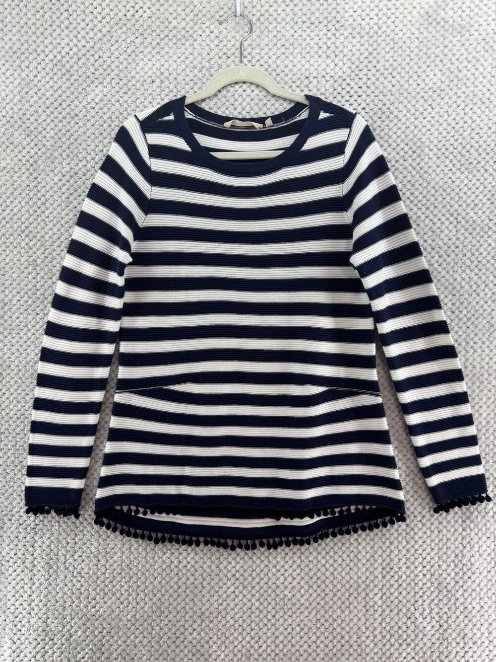 Soft Surroundings Top Womens M Blue White Cotton Pomp Pom Hem Cuff